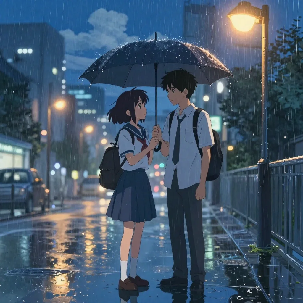 Rainy City Romance - AI Generated Shinkai Style Art